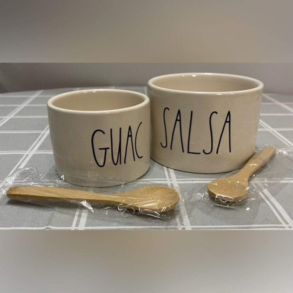 New in Box Rae Dunn Ceramic Artisan Guac and Salsa Bowl Set with 2 Bamboo Spoons